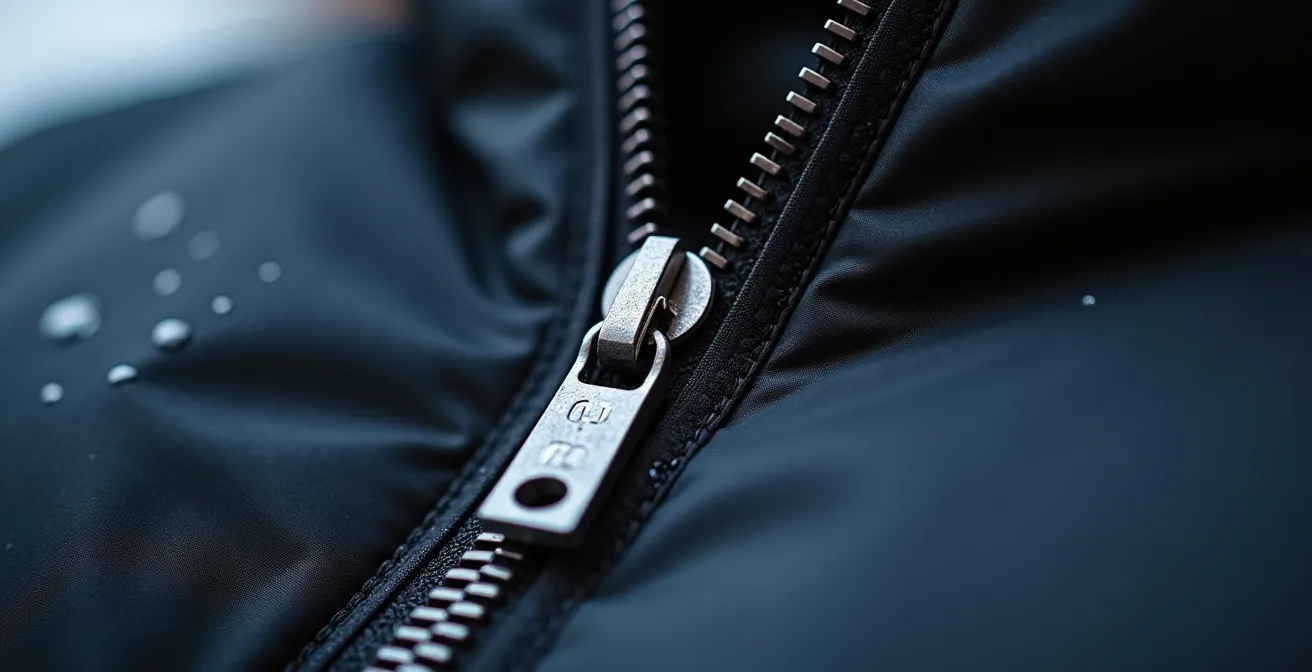 Gros plan sur une fermeture éclair YKK robuste et des détails de coutures étanches