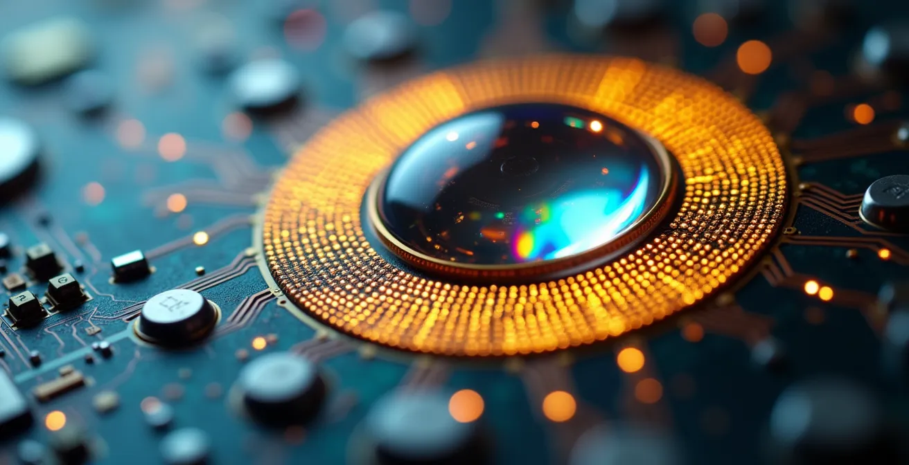 Vue macro d'un capteur satellite haute technologie pour la détection du méthane avec reflets métalliques