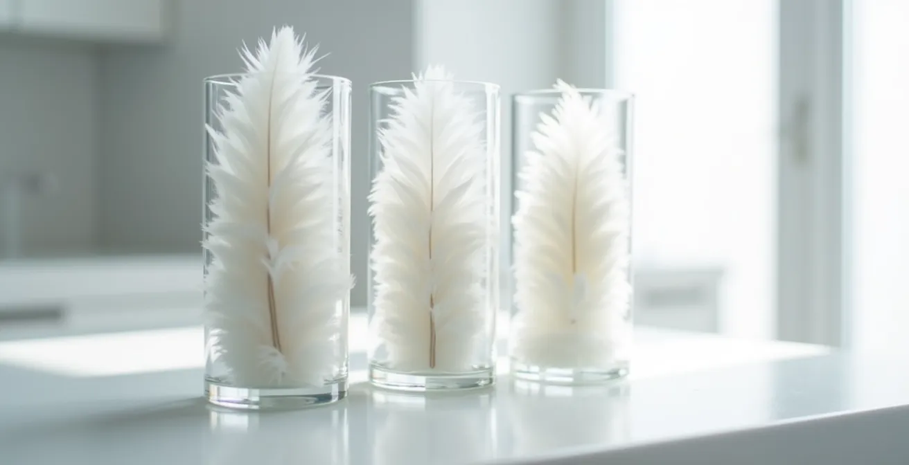 Comparaison visuelle de trois échantillons de duvet avec différents pouvoirs gonflants