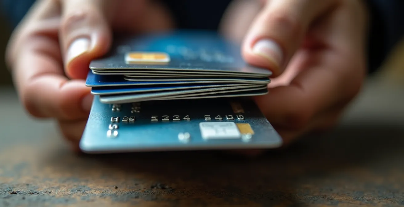 Main tenant délicatement une pile de cartes de crédit en équilibre instable