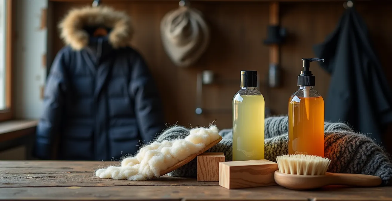 Nature morte de produits d'entretien pour vêtements techniques d'hiver