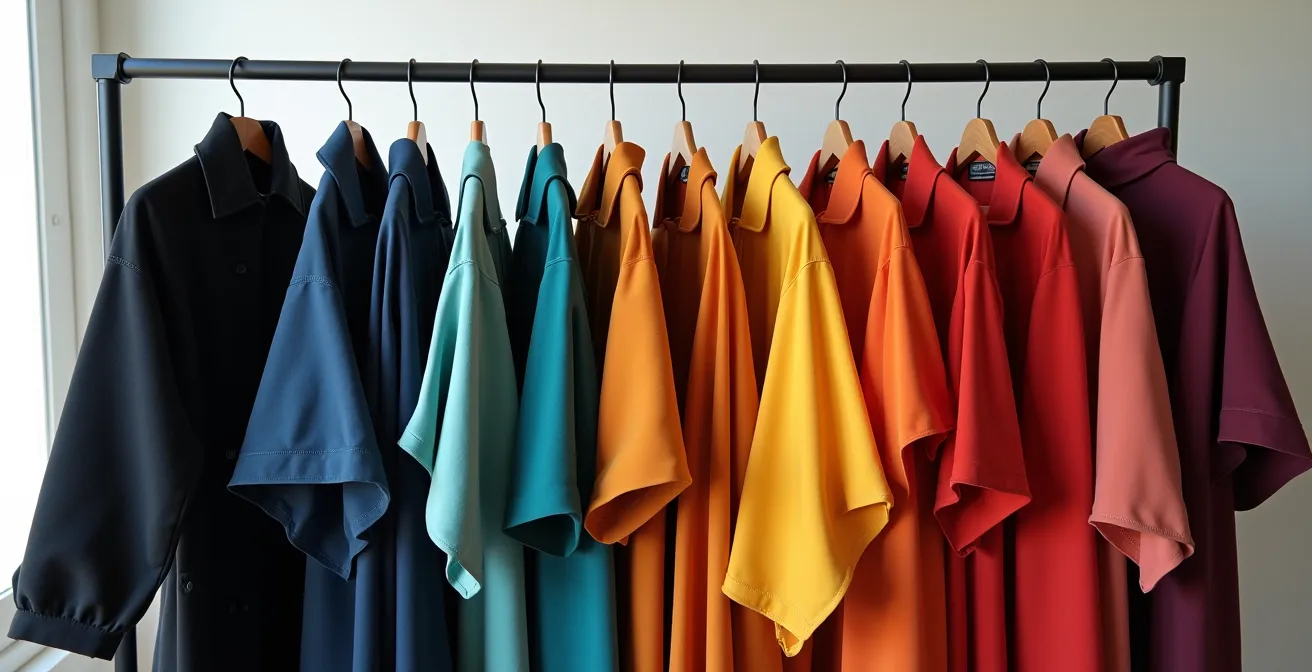 Progression visuelle d'une garde-robe du noir total vers l'intégration de touches colorées