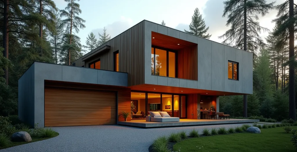 Maison moderne avec bardage en fibrociment imitant bois et béton, montrant la robustesse et la sécurité incendie en contexte forestier canadien.