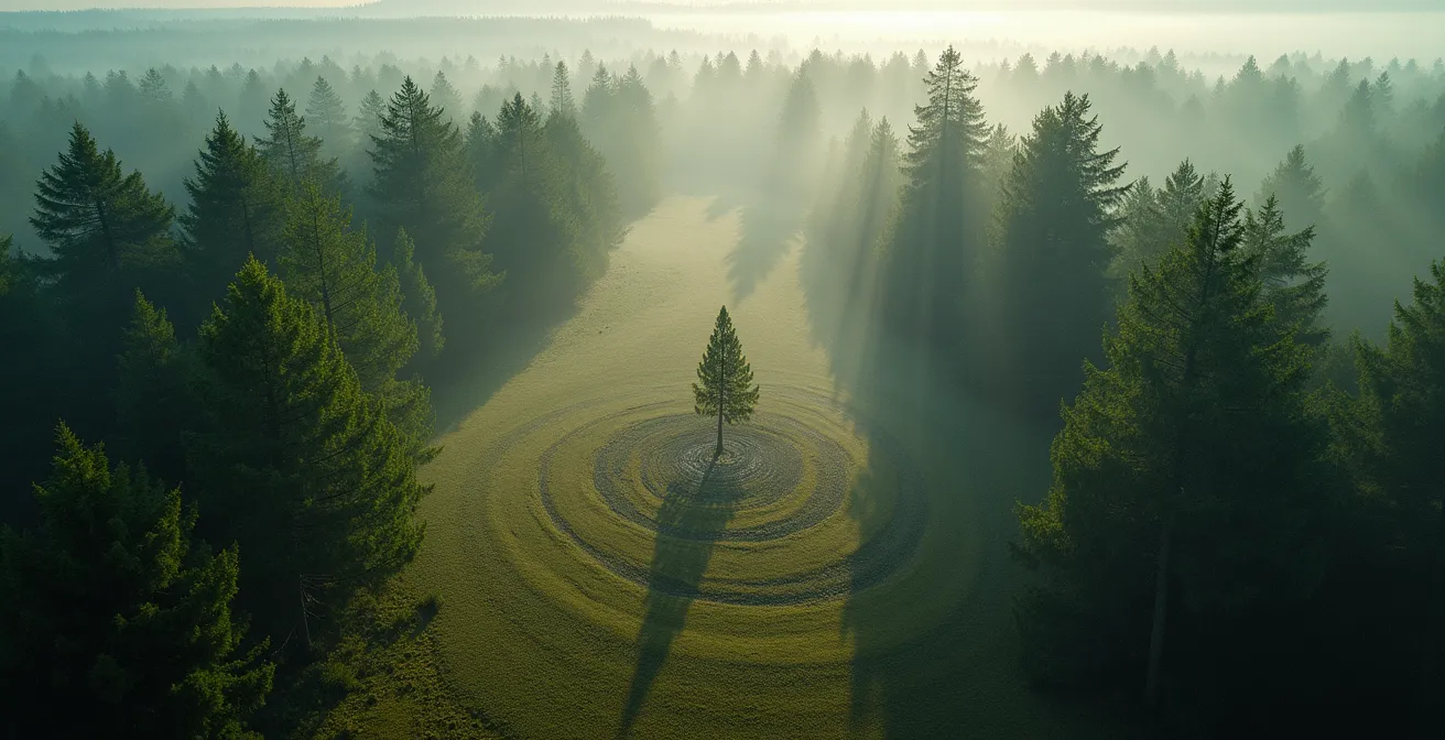 Métaphore visuelle de l'immunité collective avec des arbres sains formant un cercle protecteur autour de jeunes pousses fragiles.