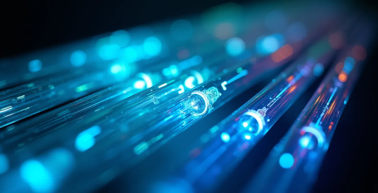 Macro détail d'un câble de fibre optique avec reflets colorés