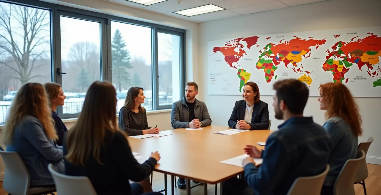 Vue grand angle d'un centre communautaire canadien avec personnes de diverses origines participant à un cours de français