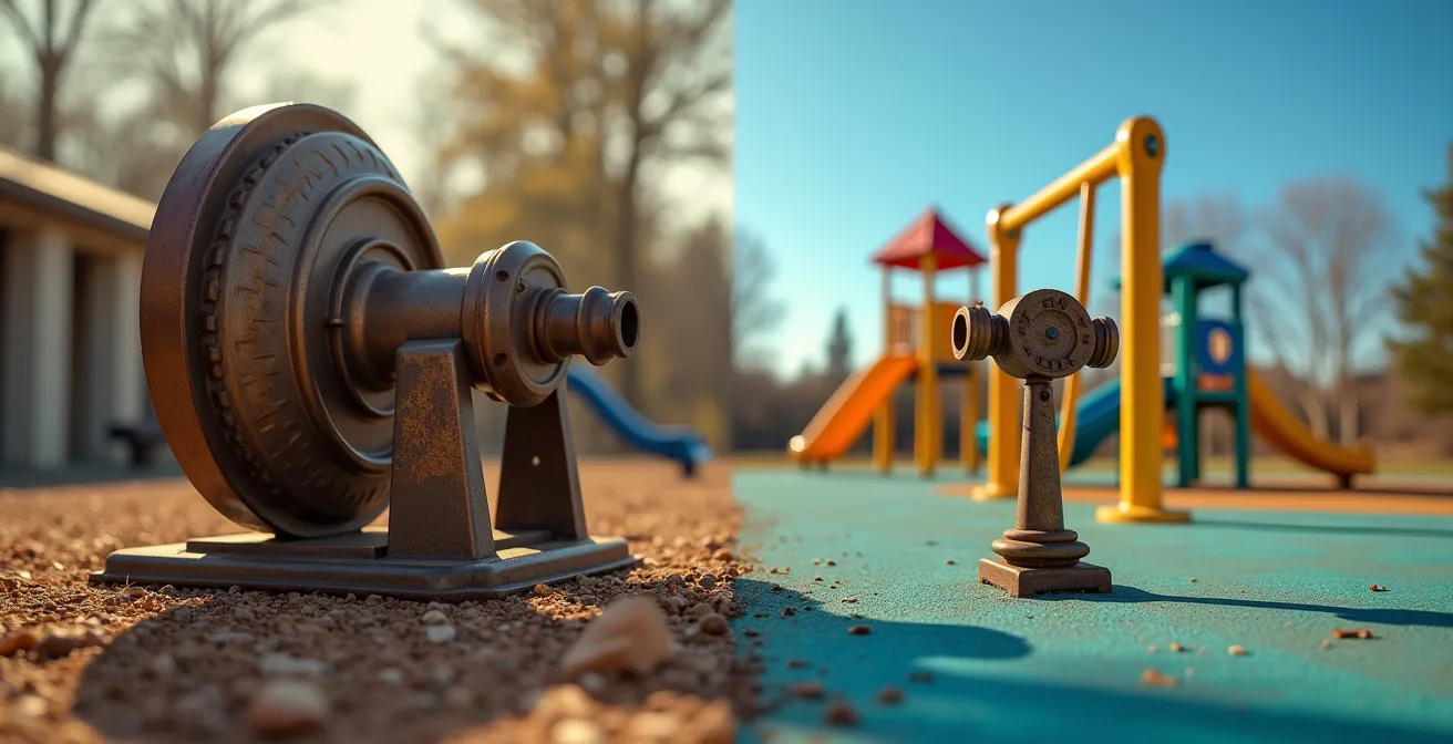 Contraste visuel entre l'époque des épidémies avec des poumons d'acier et l'ère moderne avec une aire de jeux pour enfants.