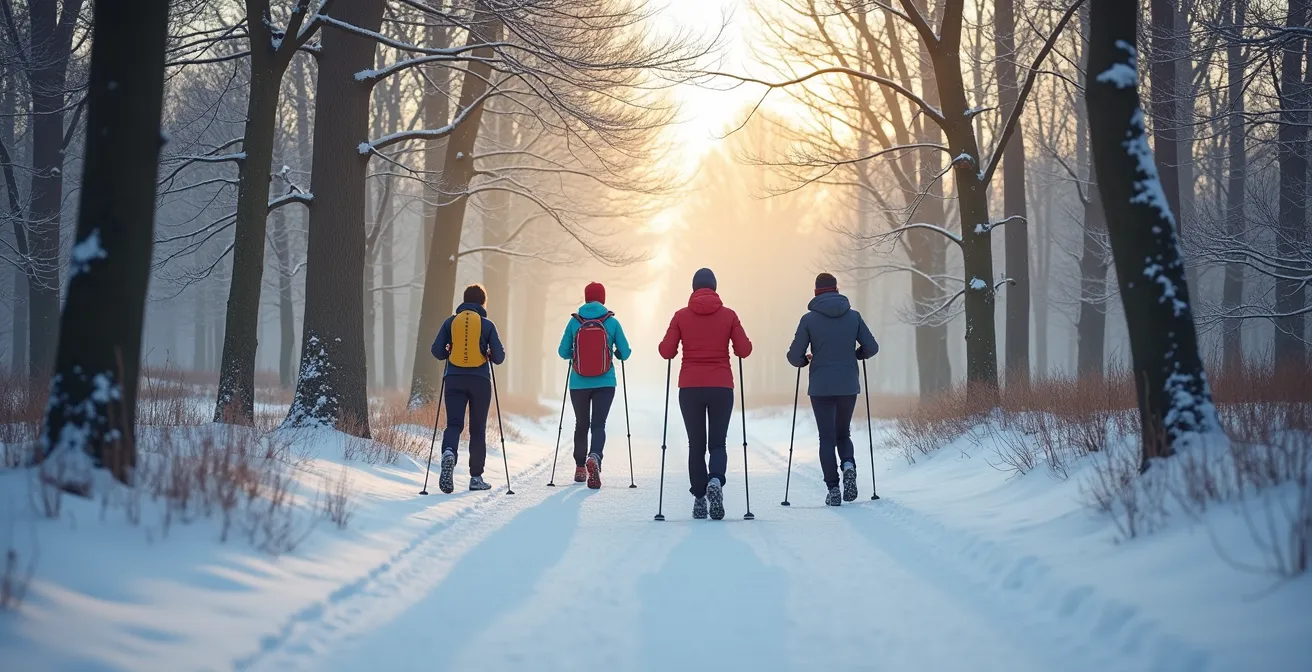 Groupe pratiquant la marche nordique dans une forêt enneigée française