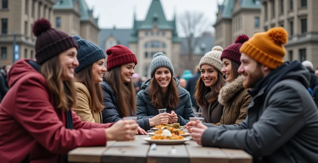 Composition photographique montrant la diversité culturelle dans un espace public canadien