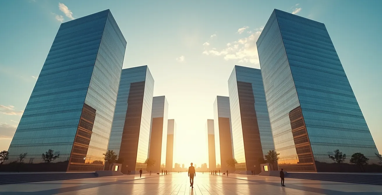 Cinq tours bancaires monumentales alignées symbolisant la concentration du pouvoir financier