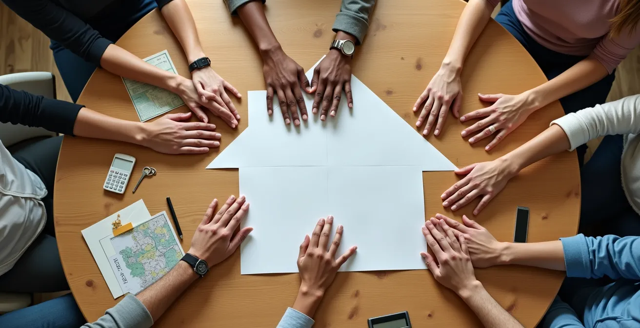 Groupe de citoyens canadiens diversifiés autour d'une table ronde avec documents et calculatrice, atmosphère collaborative et chaleureuse
