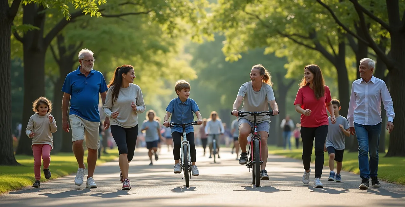 Groupe multigénérationnel pratiquant diverses activités physiques dans un parc canadien