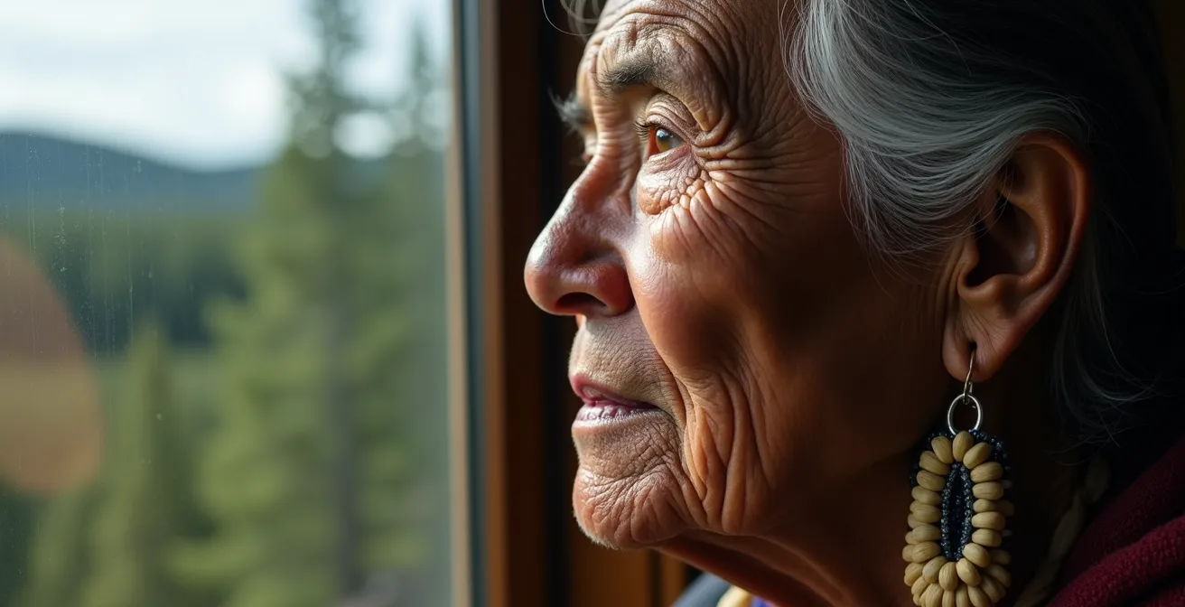 Portrait d'un aîné autochtone regardant un paysage de forêt boréale avec pipeline visible au loin