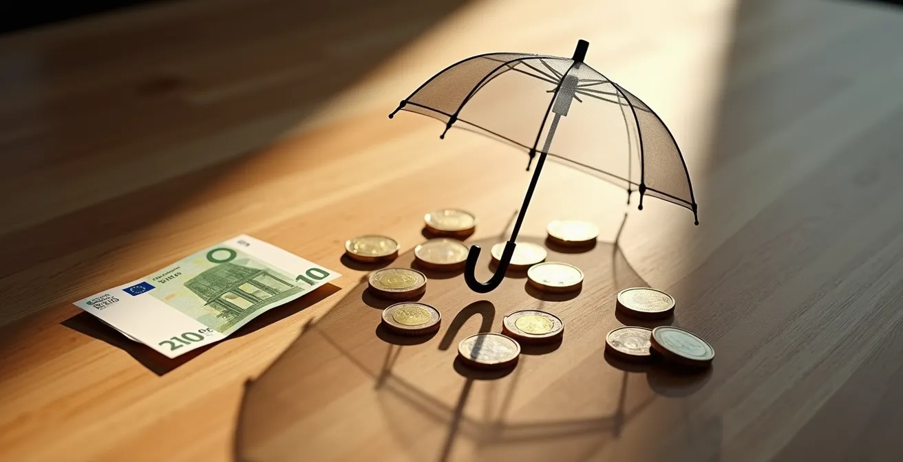 Métaphore visuelle de la protection des revenus avec un parapluie protégeant des pièces de monnaie