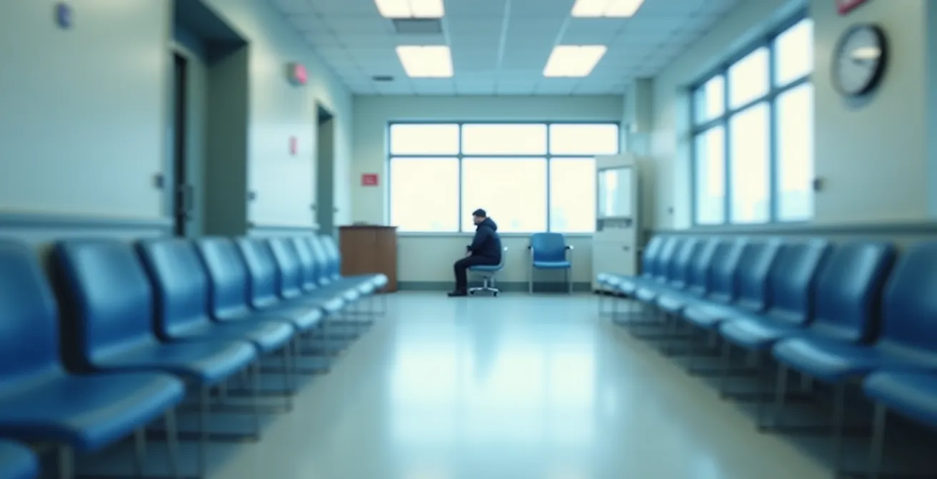 Vue grand angle d'une salle d'attente d'urgences hospitalières avec des espaces vides symbolisant la longue attente au Canada