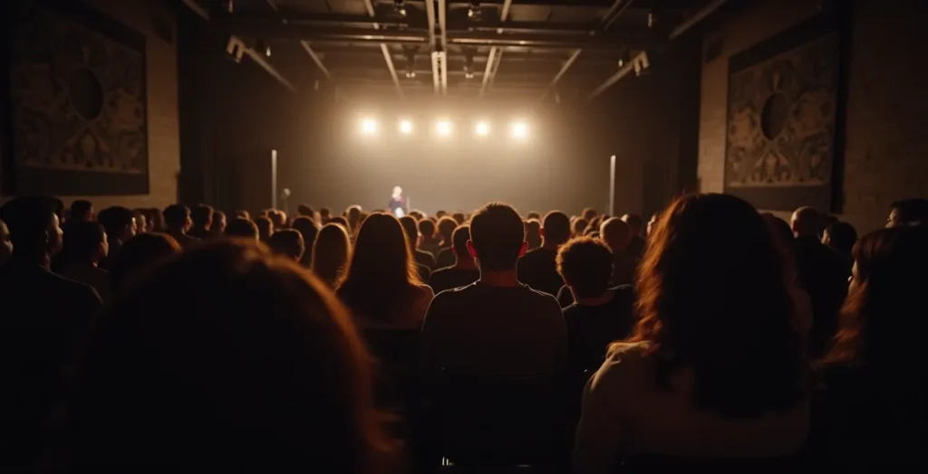Vue intérieure du Théâtre Centaur à Montréal avec une représentation bilingue sur scène.