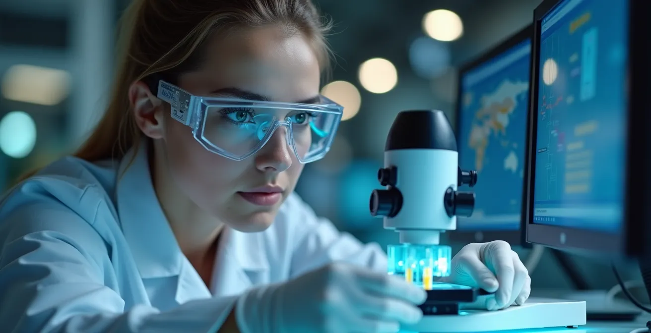 Chercheur en biotech travaillant dans un laboratoire moderne avec équipements de pointe