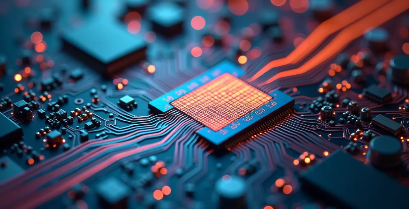 Gros plan macro sur des circuits électroniques avec reflets colorés représentant l'innovation technologique