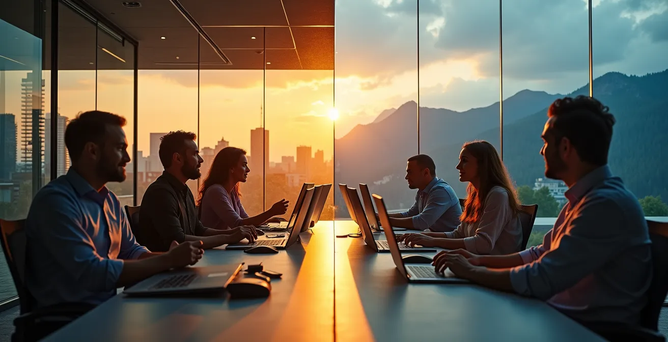 Professionnels technologiques dans un environnement de travail moderne avec vue sur la nature