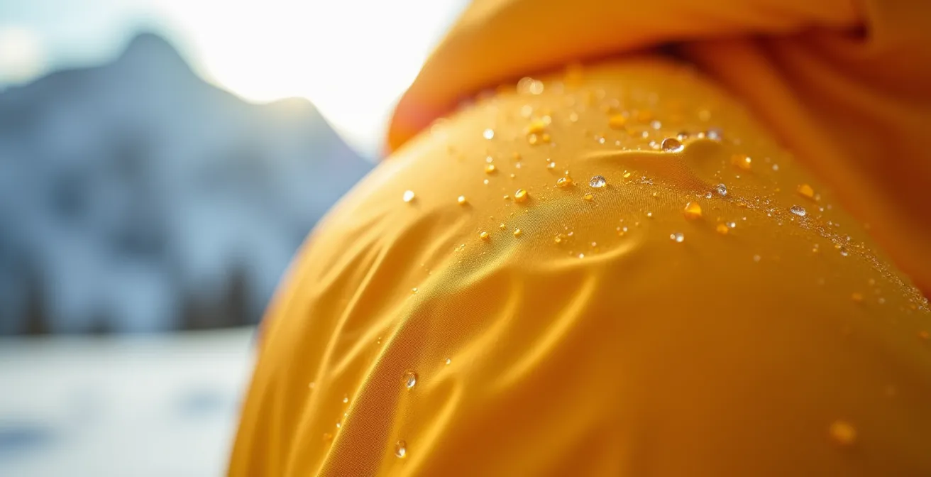 Vêtements techniques colorés sur fond de montagne enneigée