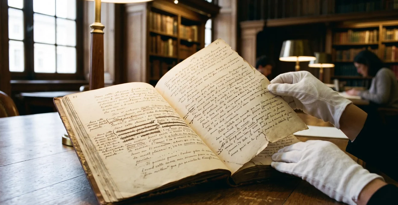 Manuscrit littéraire du XIXe siècle ouvert sur une table de consultation, montrant des ratures et corrections à l'encre, manipulé par des mains gantées dans une bibliothèque patrimoniale