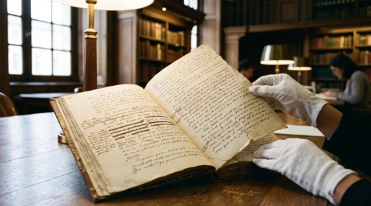 Manuscrit littéraire du XIXe siècle ouvert sur une table de consultation, montrant des ratures et corrections à l'encre, manipulé par des mains gantées dans une bibliothèque patrimoniale