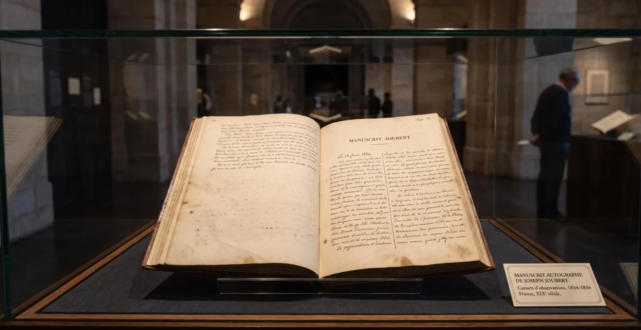 Manuscrit littéraire du XIXe siècle exposé dans une vitrine de musée avec éclairage professionnel mettant en valeur le document ancien