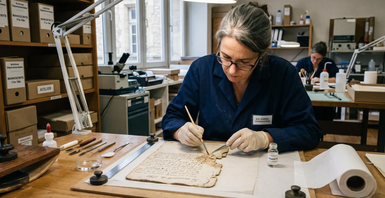 Restaurateur professionnel travaillant à la conservation d'un manuscrit ancien dans un atelier de restauration, avec outils spécialisés et éclairage technique