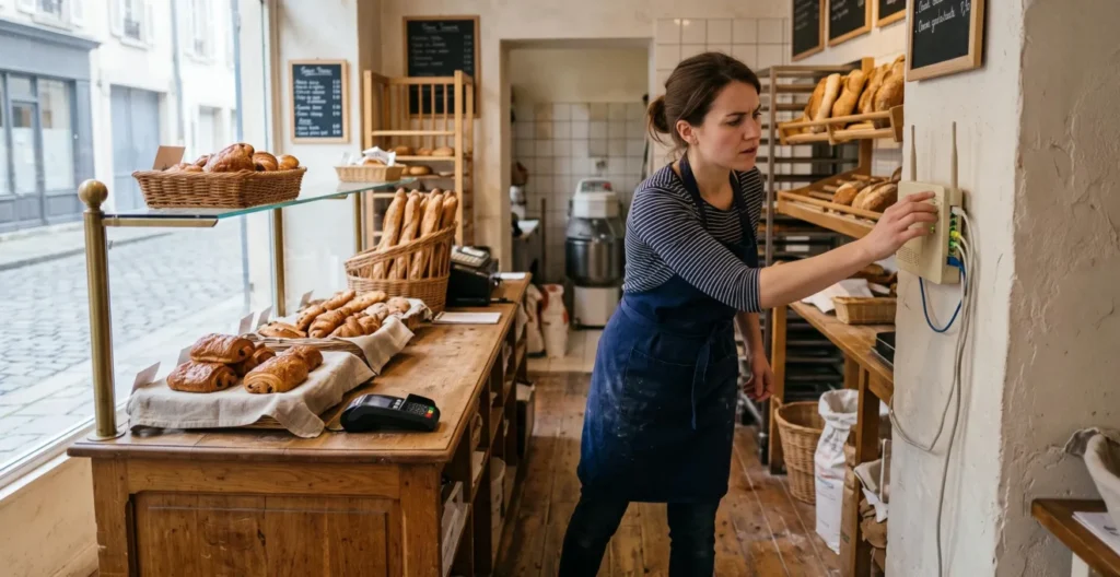 Employée de commerce vérifiant une box réseau déconnectée dans une boutique fermée à la clientèle. Employée de commerce vérifiant une box réseau déconnectée dans une boutique fermée à la clientèle.