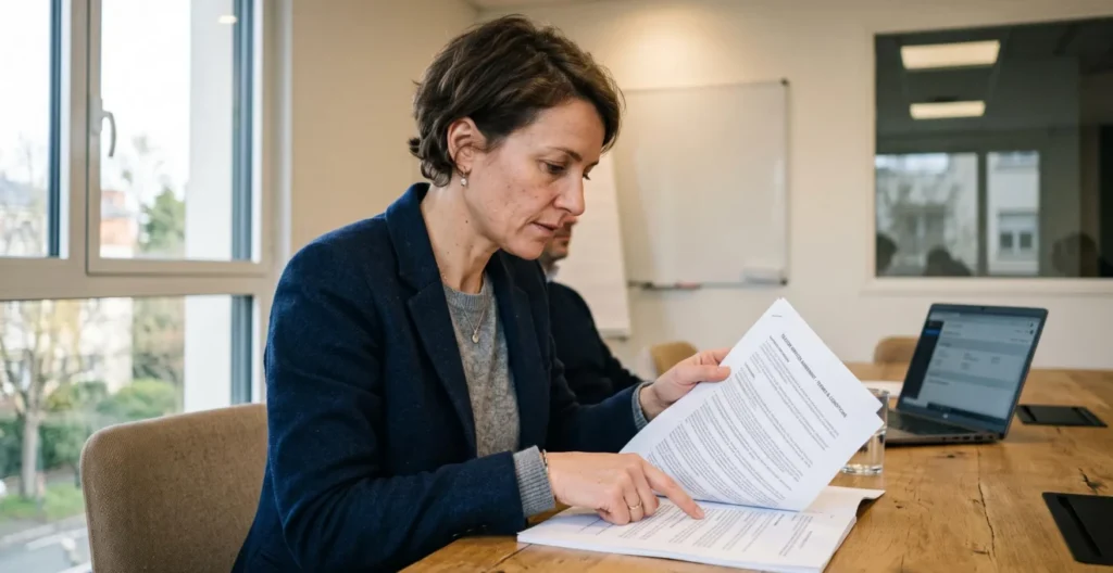 Gérante de PME lisant attentivement une clause d'un contrat de services télécoms en salle de réunion. Gérante de PME lisant attentivement une clause d'un contrat de services télécoms en salle de réunion.