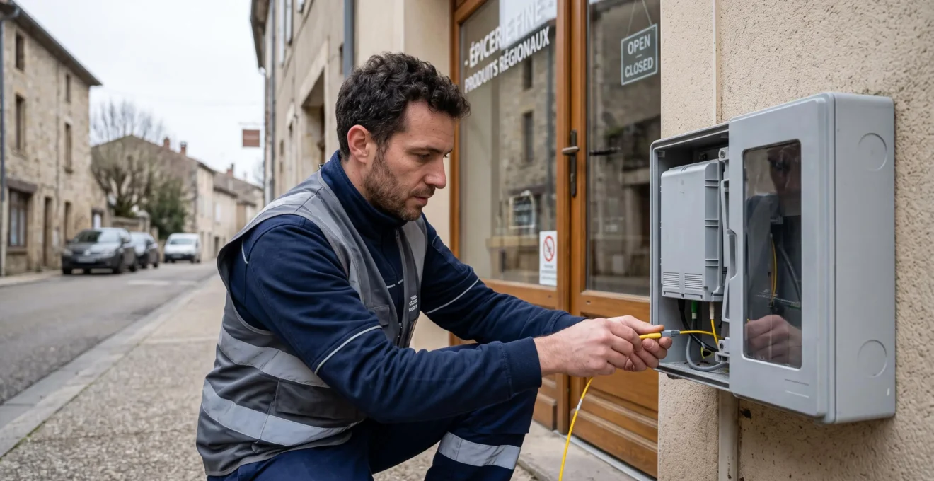 Technicien télécom connectant un point d'accès fibre sur un boîtier mural à l'entrée d'un commerce.