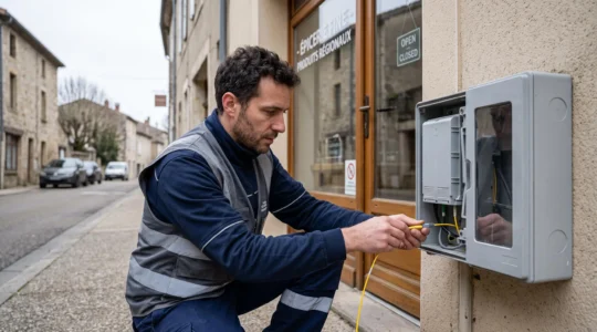 Technicien télécom connectant un point d'accès fibre sur un boîtier mural à l'entrée d'un commerce.