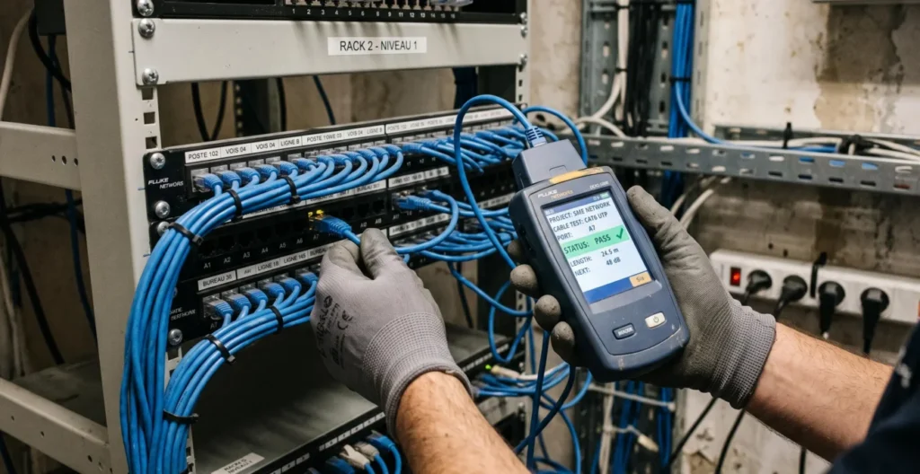 Gants d'un technicien testant un câble réseau sur un panneau de brassage avec un testeur de câbles. Gants d'un technicien testant un câble réseau sur un panneau de brassage avec un testeur de câbles.